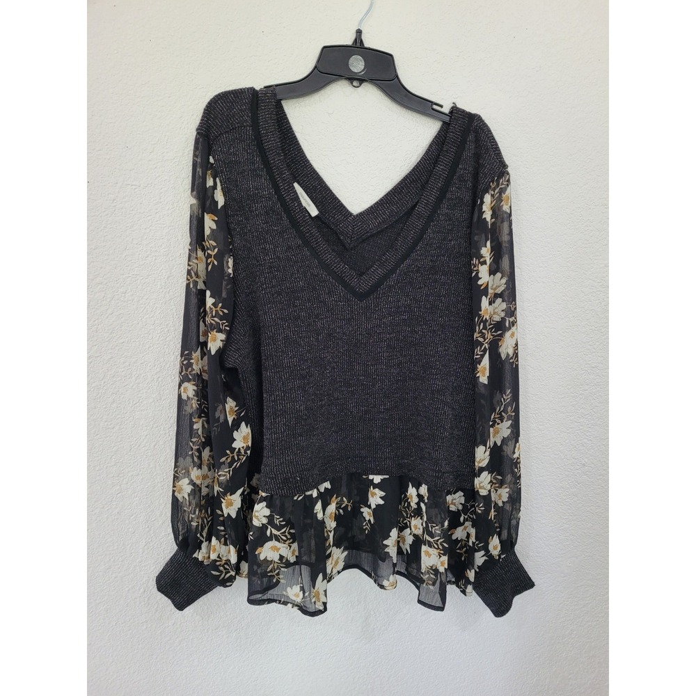 Maurices Womens Mixed Media Floral Chiffon Sweater Top Grey Large NEW #9
